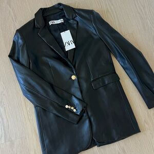 Zara Black Leather Blazer with Gold Button